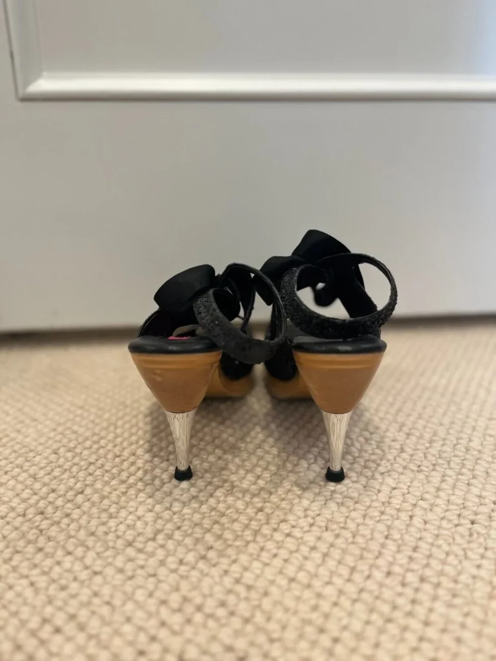 Vintage Betsey Johnson Glitter Platform Heels w/ Peep Toe and Satin Straps US 9